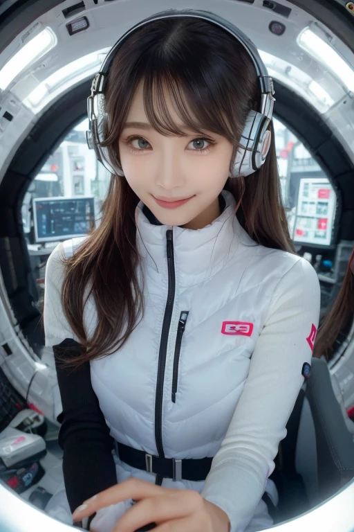 masterpiece, Highest quality, Very detailed, 8K Portrait,Japanese Android Girl,plump , Control panel,Robotic arms and legs, Blunt bangs,,break (Metallic Gray, Metallic luster, Mirror finish, Astro Best):5,headphone:5,break (Black sleeves):100,Smart Watches,Futuristic space station,Control Room,break headphone,blue eyes,(Black Hair):2,(Long Hair):1.3,Viewer Display,(respirator),break blush:3,Hidden Hand,smile