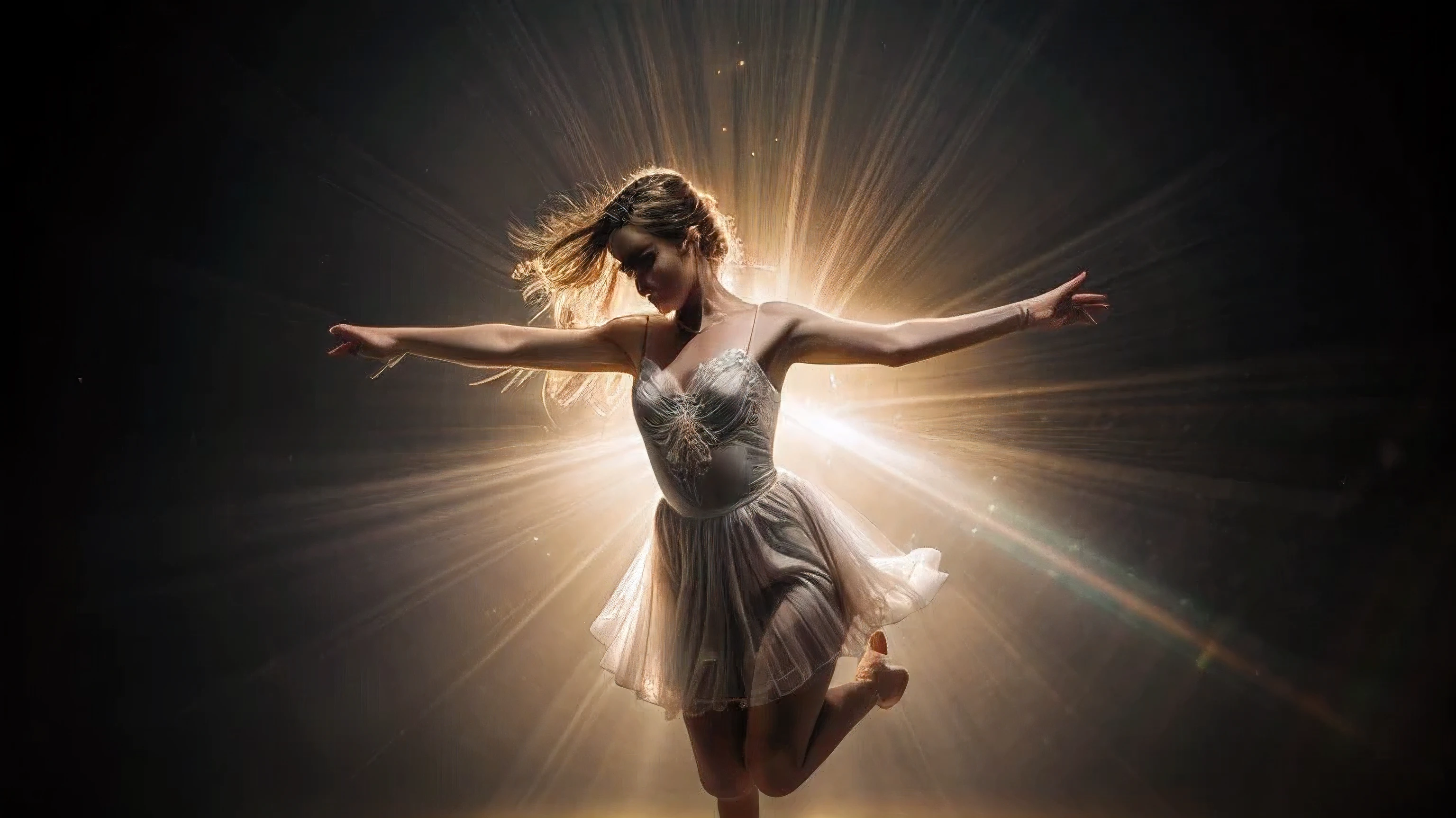 Uma illustration photoshotgráfica cinematic épica de uma dançarina radiante, surrounded by golden rays of light and the joy of life. The dancer, wearing an ethereal white dress, jump gracefully no ar, with arms and legs outstretched as if embracing the world. The overall ambiance of the image is uplifting, full of energy and life, as if celebrating the beauty of existence., photoshot, cinematic, illustration, 3D rendering