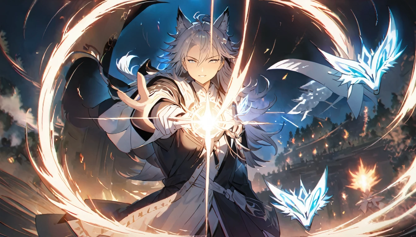 magic battle, masterpiece, magic, blue sparks, shikigami wolves, 8 K