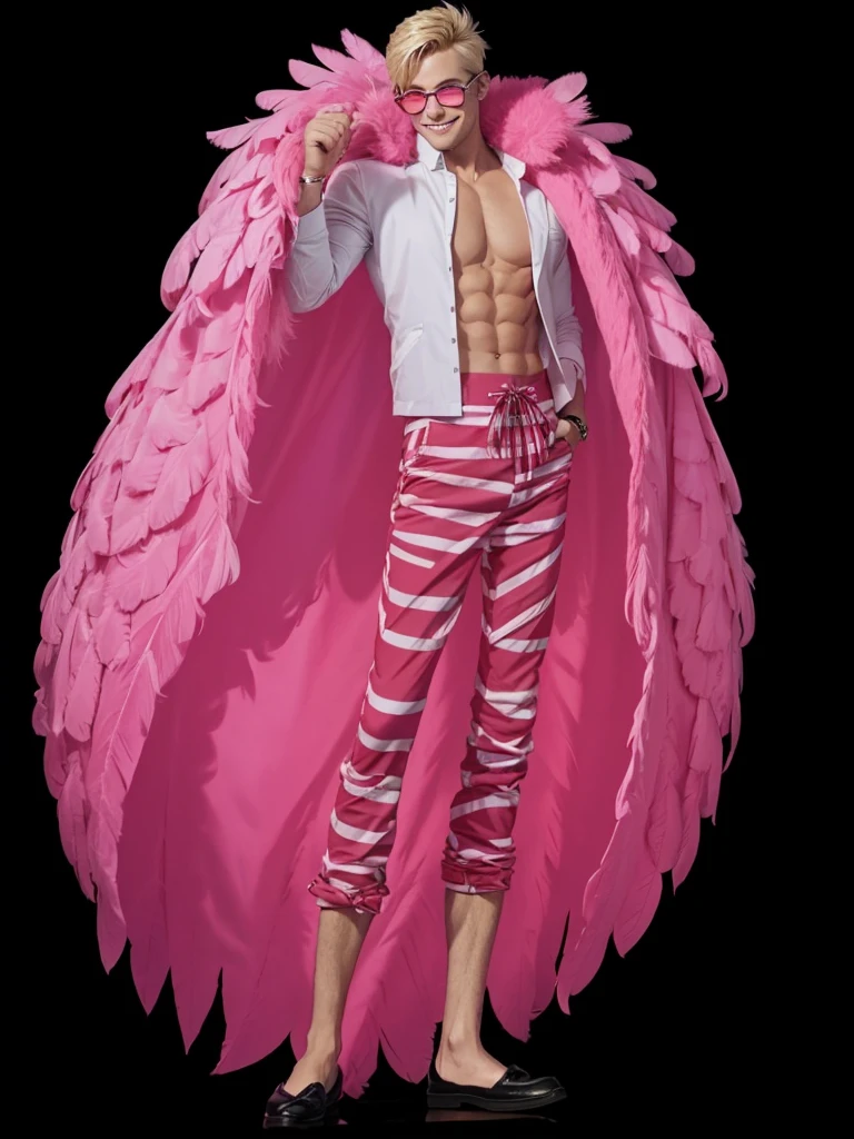A man with short blond hair, strong defined body, with pink feather coat, COM CAMISA BRANCA, with red striped pants, with pink glasses, is smiling