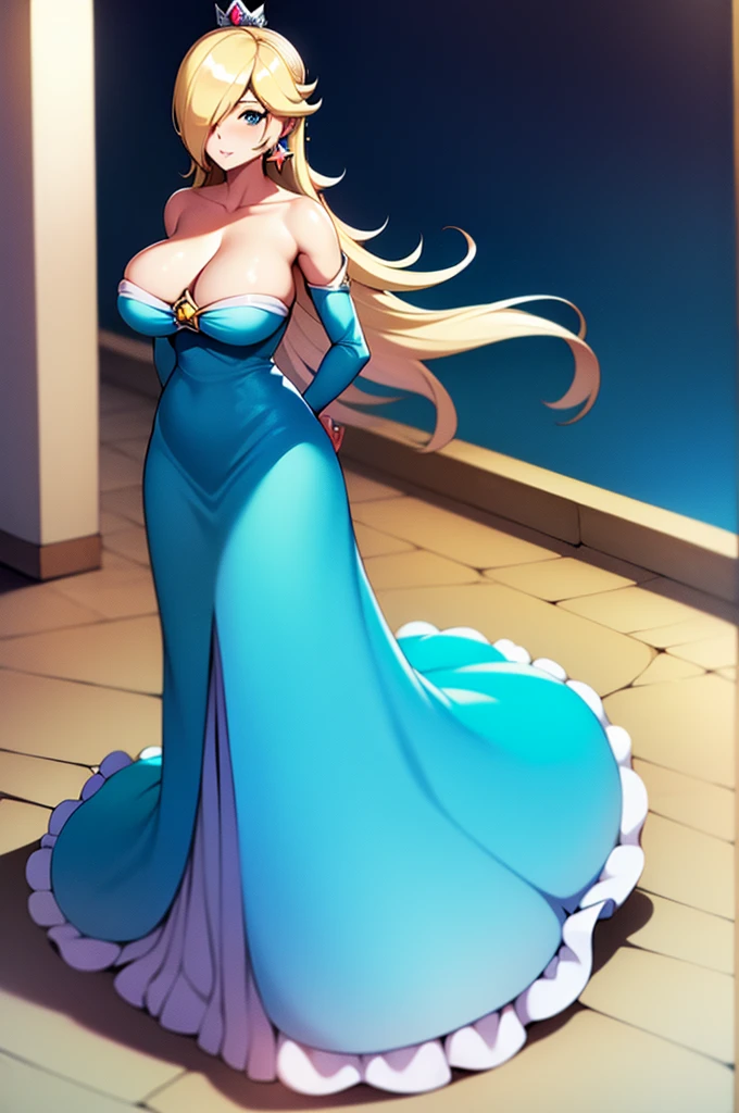 Princess Rosalina, huge breasts, anime style, cleavage, sexy blue dress