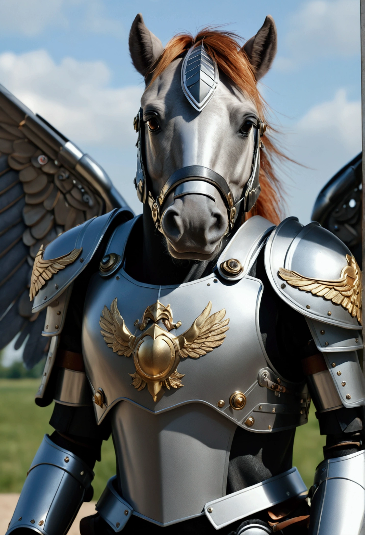 (best quality,4k,8k,highres,masterpiece:1.2),ultra-detailed,(realistic,photorealistic,photo-realistic:1.37),fantasy pony,5 score up,armor,weapon,wings,color,shoulder armor,detailed eyes,detailed lips,detailed face,pauldrons,wheelchair,looking at viewer,power armor