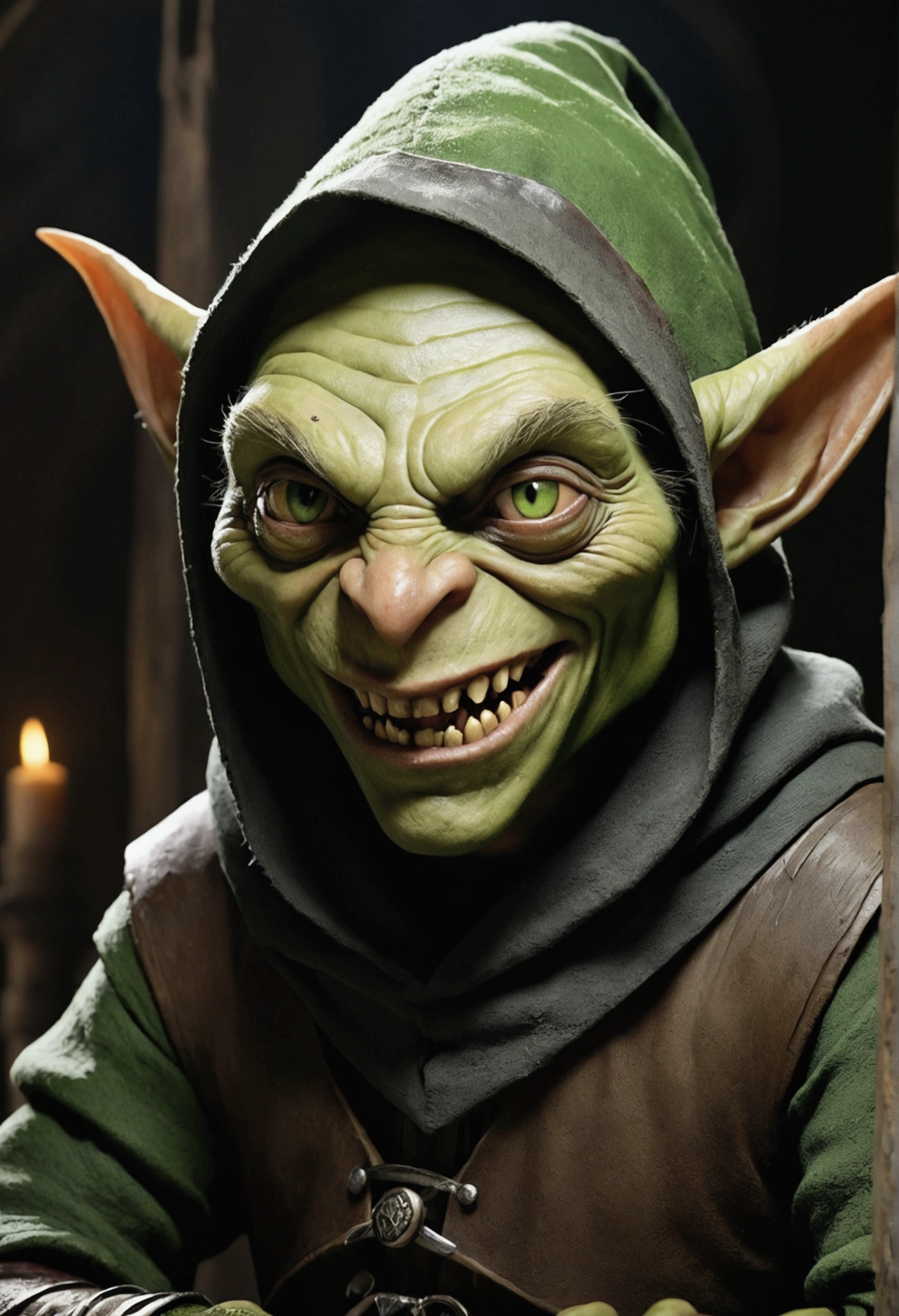 a smooth muddy green-skinned, sharp-toothed visible sharp tooth, roguish dressed, (roguish clothes, medieval clothes) with a black hood-up goblin sits in the shadows. The details of the goblin's black hood are visible, showing its worn nature. The green skin of the goblin is muted greyish, emphasizing its worn appearance. the goblin is young, about 20 years old, has visible sharp teeth grinning, the skin is muted green, smart but slightly menacing face. (nice face, normal green nose, face of a magic adept, goblin face). The lighting in the scene is dim, with a subtle glow casting eerie shadows on the goblin's face and surroundings. The overall image quality is of the highest standard, with ultra-detailed textures and a photorealistic rendering. The artwork is depicted in a medium that best showcases its unique style and texture, whether it be an illustration, oil painting, 3D rendering, or photography. The color palette is dominated by earthy tones, with a focus on various shades of green to complement the goblin's appearance.
