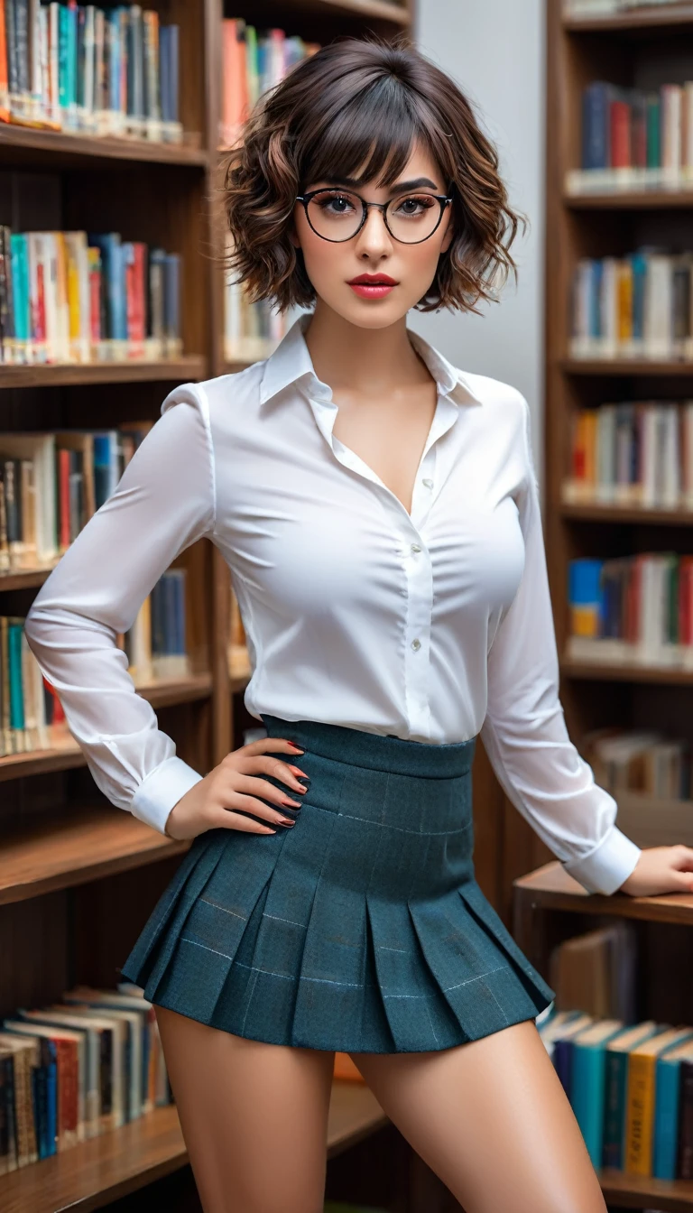 (((beautiful beautiful Isabela Merced, posing for uploadss, looking sexy, ruffled lips, Short and curly hair in different colors, extremely pretty eyes))), ((wearing floral silver necklace)), realistic uploadsgraph, highy detailed, Foco do pointed, (Main lighting), (indoor bookstore environment), Artwork, extremely pretty, Perfect beauty, (perfect shape body, Broad Hips, small waist, thick-thighs, firm abs, Body cute, knees, knees, focus on the knees, breasts small), short hair of different colors with bangs, short hair with bangs of different colors cobrindo a testa, short hair with bangs of different colors ((((short hair of different colors with bangs cobrindo a testa)))), ((30 years old)), (extremely detaild 8k wallpaper), ((face detailed)), (((wearing open white shirt, microsaia curta de tweed, knees, knees, very short skirt)), (long dark eyelashes), (looking at the camera), (((cleavage))), (glamor model), (seductive facial expression) (((standing between high shelves full of books))), extremely detaild, Artwork, Intricate details, highy detailed, Foco do pointed, skin detailed, realistic skin texture, texture, detailedeyes, high resolution, kodak vision color, uploads_\(ultra\), Post-processing, maximum detail, roughness, real-life, ultra realistic, uploadsrealism, uploadsgraphy, absurderes, RAW uploads, highest quallity, high detail RAW color uploads, professional uploads, extremely detaild UHD 8k wallpaper unit, best quality, high resolution, (Artwork, maximum quality, high resolution:1.4), uploads, cinematic, film grain, pointed, soft natural light, magic uploadsgraphy, super verbose, ((whole body: legs 1.7)), librarian glasses, nerd glasses, ((pleated miniskirt: miniskirt 1.6)), unbuttoned blouse with cleavage, bellybutton, navel, cleavage, (Head to knee, all-body: knees 1.3), horny, lascivious, provocative, panties, raised knee, knee lift,