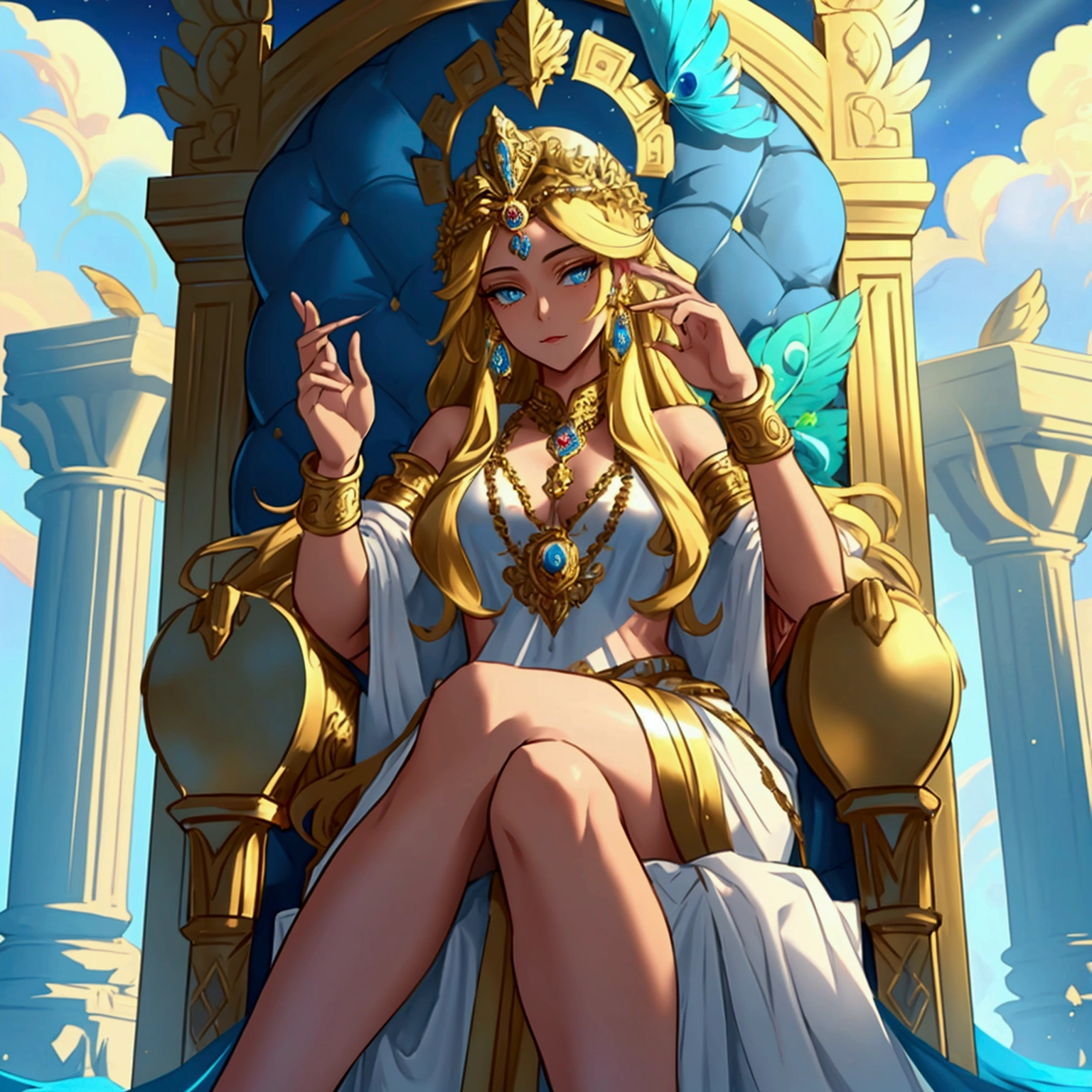 Create a high-quality image of the goddess Hera sitting on her throne on Olympus. Iva must be dressed in a fluid white tunic with golden details, and a golden tiara adorning her wavy hair. She holds a scetre in one hand, and her expression is of majesty and authority. The throne must be gilded and adorned with intricate details that reflect its royalty. Next to him, a majestic peacock rests, his feathers shining with vibrant colors. The scenario should include surrounding ethereal clouds and imposing columns that complete the divine environment. The light must be soft, highlighting the divinity of Hera and the grandeur of Olympus.