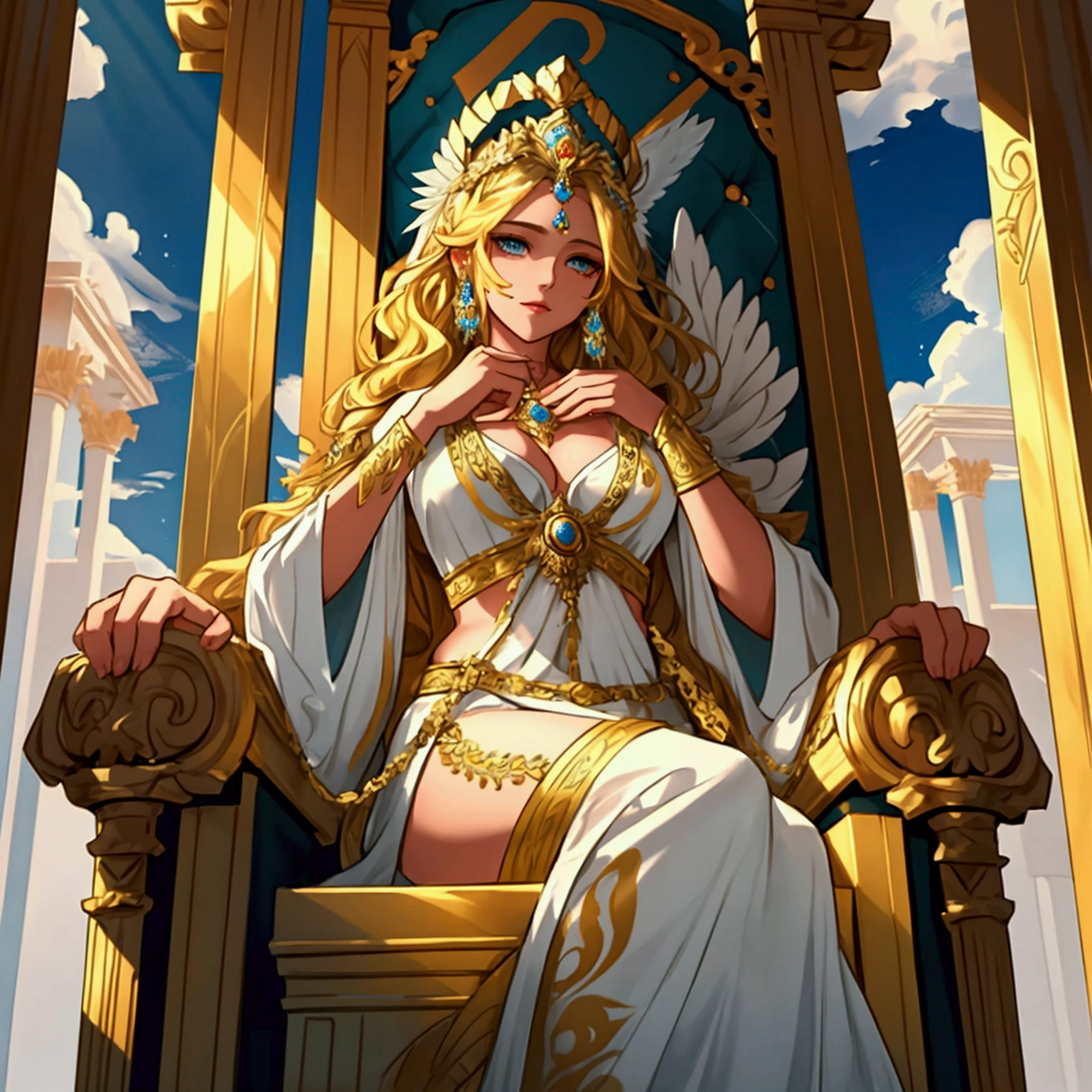 Create a high-quality image of the goddess Hera sitting on her throne on Olympus. Iva must be dressed in a fluid white tunic with golden details, and a golden tiara adorning her wavy hair. She holds a scetre in one hand, and her expression is of majesty and authority. The throne must be gilded and adorned with intricate details that reflect its royalty. Next to him, a majestic peacock rests, his feathers shining with vibrant colors. The scenario should include surrounding ethereal clouds and imposing columns that complete the divine environment. The light must be soft, highlighting the divinity of Hera and the grandeur of Olympus.