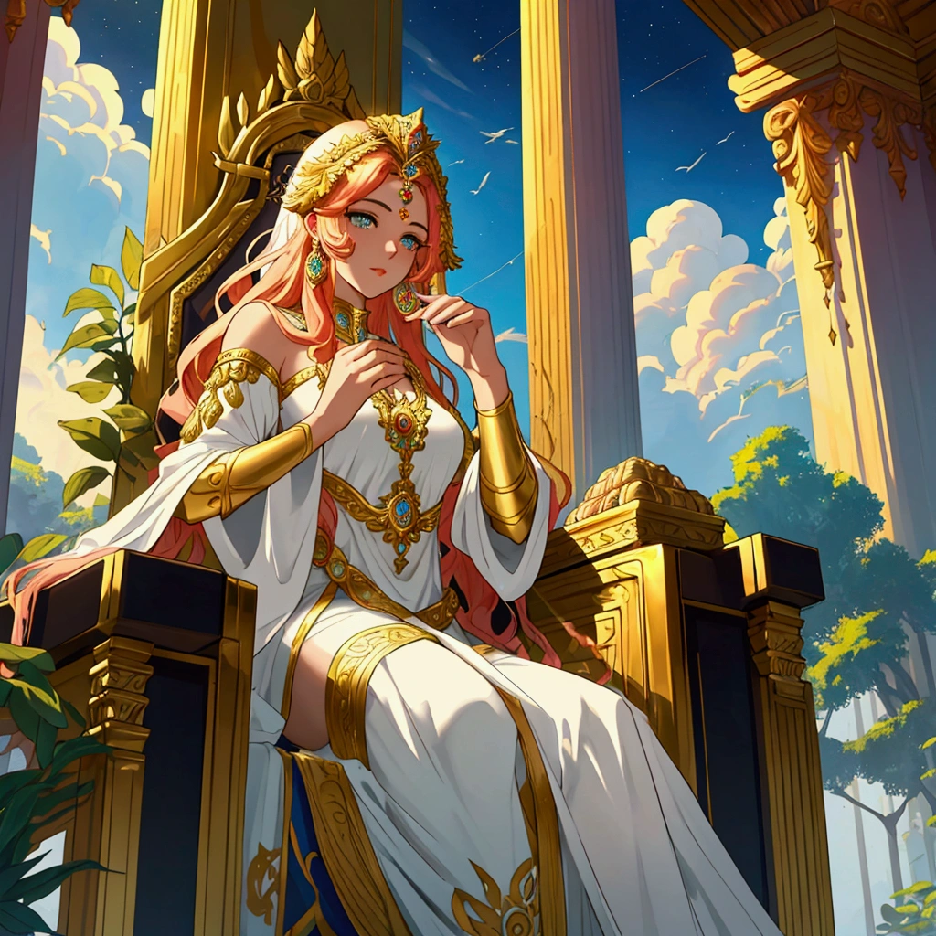 Create a high-quality image of the goddess Hera sitting on her throne on Olympus. Iva must be dressed in a fluid white tunic with golden details, and a golden tiara adorning her wavy hair. She holds a scetre in one hand, and her expression is of majesty and authority. The throne must be gilded and adorned with intricate details that reflect its royalty. Next to him, a majestic peacock rests, his feathers shining with vibrant colors. The scenario should include surrounding ethereal clouds and imposing columns that complete the divine environment. The light must be soft, highlighting the divinity of Hera and the grandeur of Olympus.