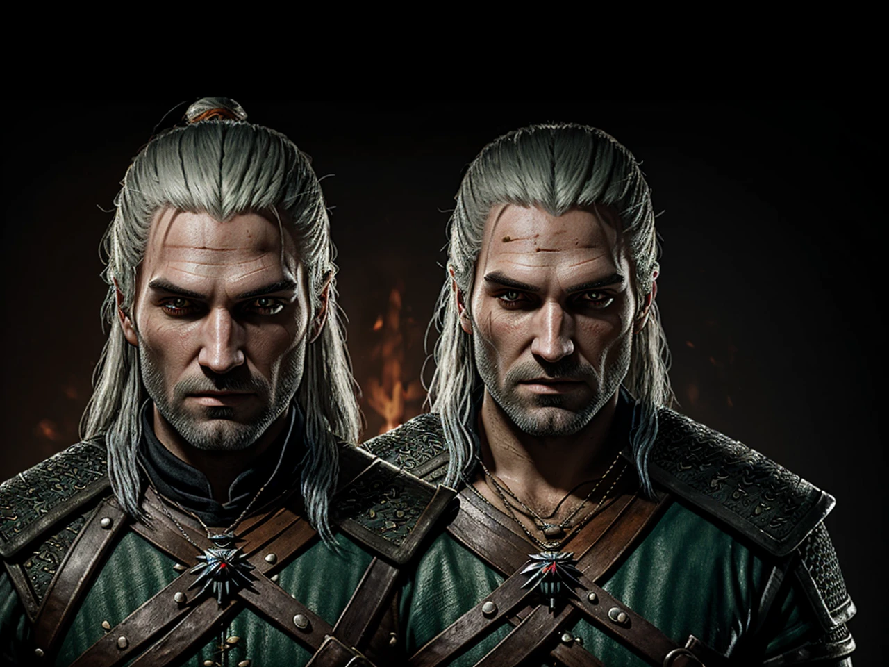 Medieval realistic style. Estilo The Witcher. Witcher with two swords under his back, Portrait of a 22-year-old orange-eyed male wizard. Short black hair with topknot.