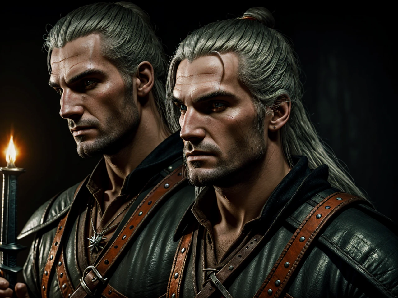 Medieval realistic style. Estilo The Witcher. Witcher with two swords under his back, Portrait of a 22-year-old orange-eyed male wizard. Short black hair with topknot.
