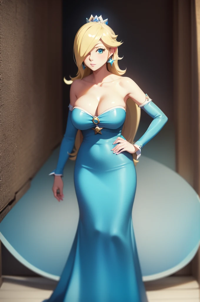 Princess Rosalina, huge breasts, anime style, cleavage, sexy blue dress