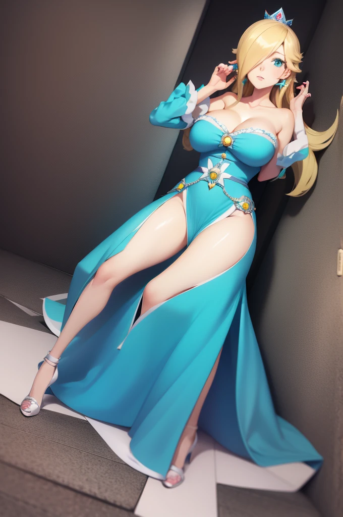 Princess Rosalina, huge breasts, anime style, cleavage, sexy blue dress