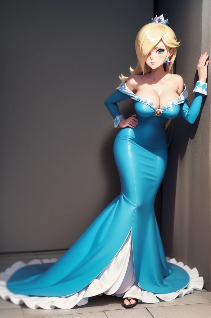 Princess Rosalina, huge breasts, anime style, cleavage, sexy blue dress