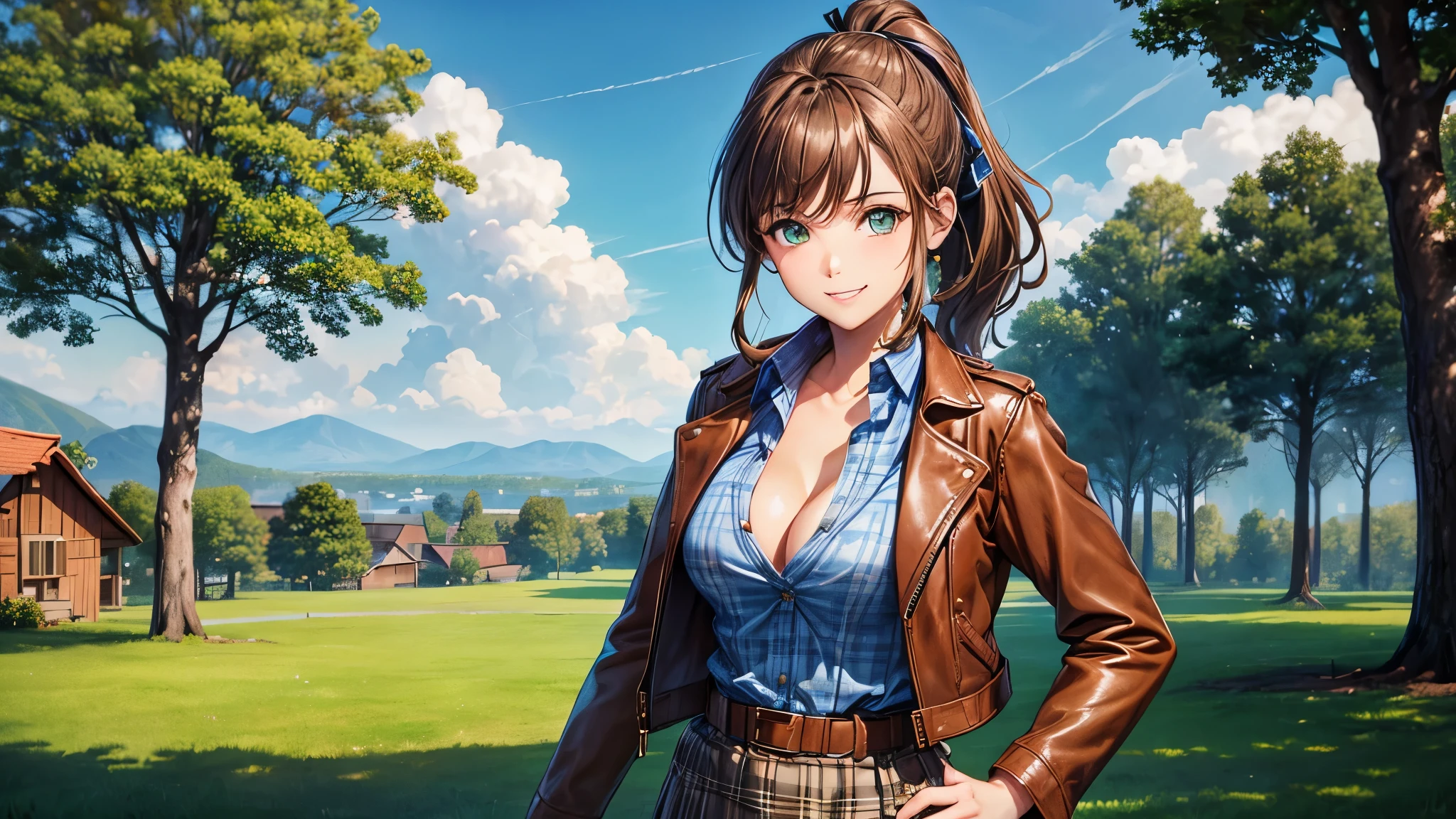 1girl, solo, village, trees, sun, clouds, ((brown hair)), ponytail, large breasts, ((brown leather jacket)), button down shirt, ((blue checked shirt)), ((unbuttoned shirt)), unbuttoning buttons, cleavage 1:3, green eyes, long skirt, brown boots, smile, happy, looking at the viewer, standing, hair ribbon, golden necklate