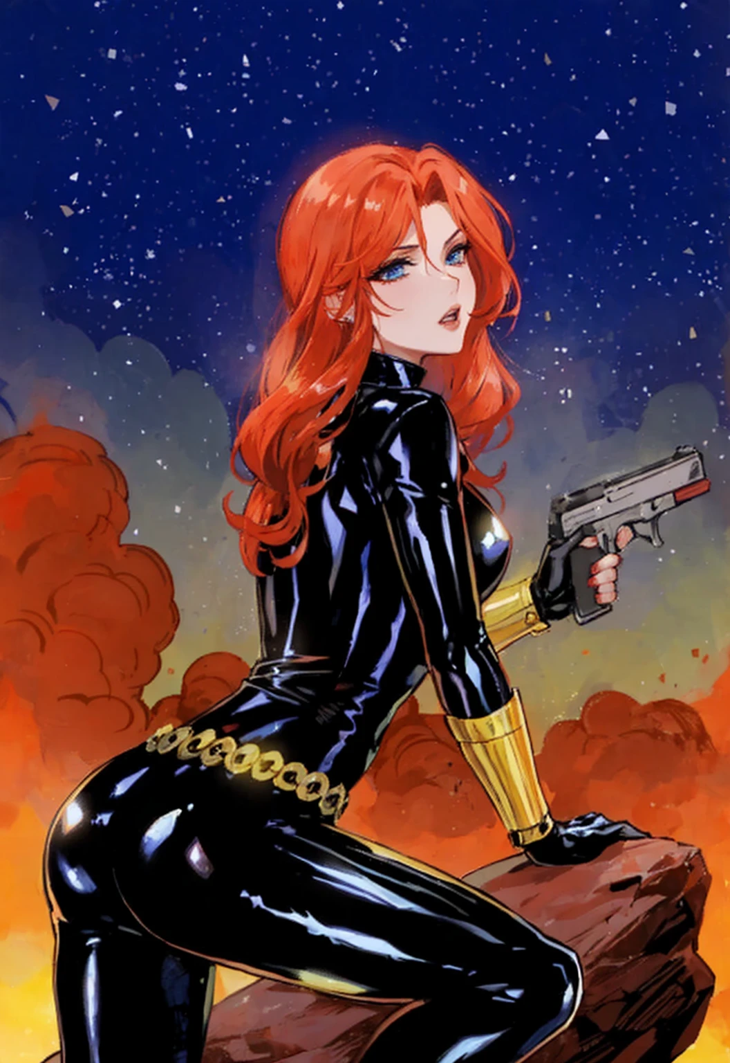 Black Widow, is known from the Marvel series. She's depicted with red hair and blue eyes, dressed in a sleek skin-tight shiny black latex bodysuit with a belt made of golden circles. She's holding a gun in her left hand, and she's in a crouching pose on a rock. The background features a bold red sky with white stars. The character appears ready for action.