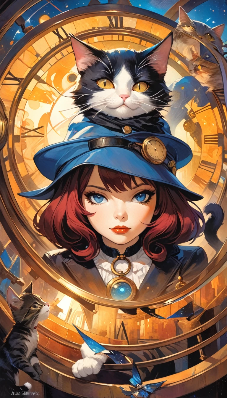 a cat in clockworld theme:1.5 (art inspired by Bill Sienkiewicz). oil painting)