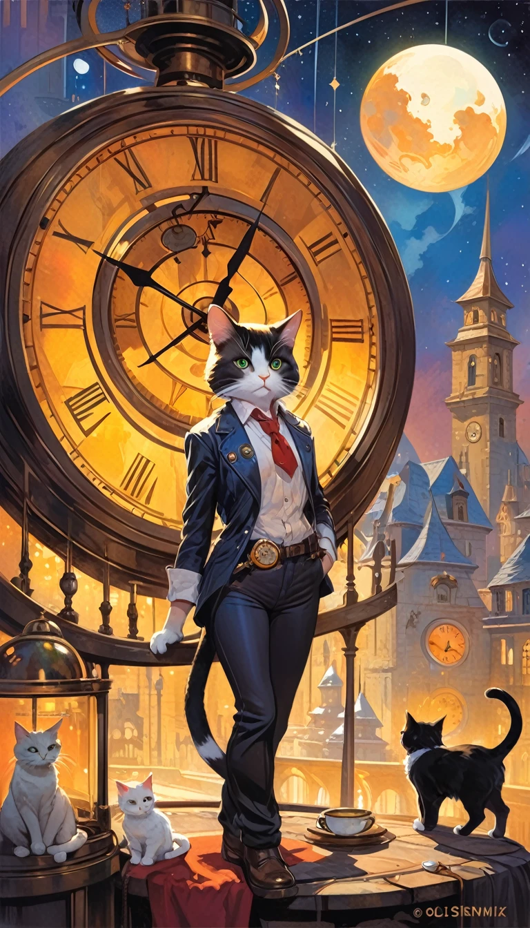 a cat in clockworld theme:1.5 (art inspired by Bill Sienkiewicz). oil painting)