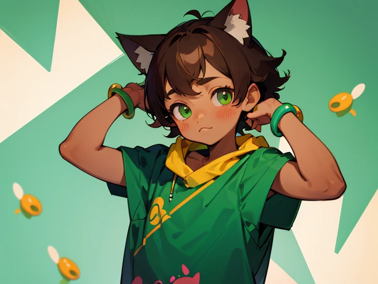5 year old boy, brown hair, green eyes, tanned skin, cutesy clothing style, fidgets as accessories, cat ears
