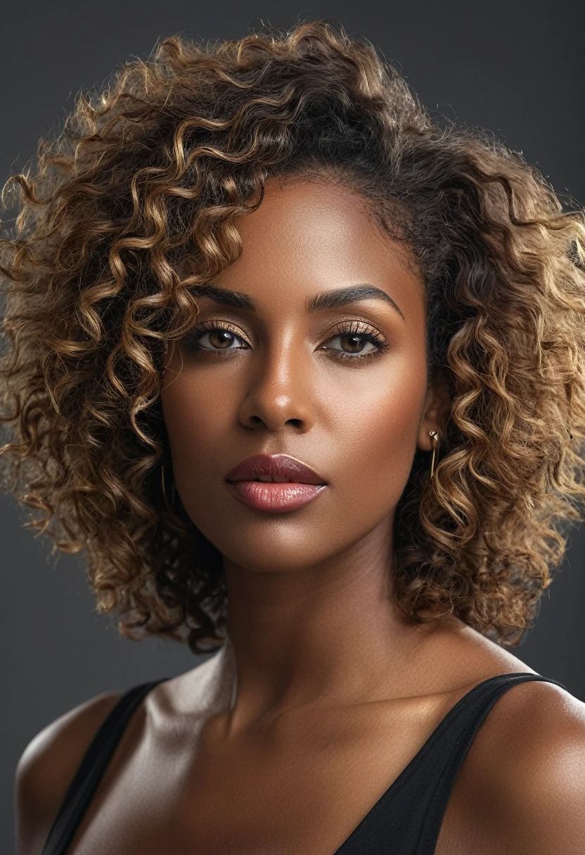 A mature woman, alone, dark skin, dark skinned woman, full body, beautiful detailed almond eyes, beautiful detailed lips, extremely detailed face and skin, curly hair with light highlights, natural lighting, sharp chin, straight nose, large bust , long legs, hyper-realistic, cinematic, vibrant colors, plain gray background, dramatic lighting, photorealistic, 8k, award-winning art