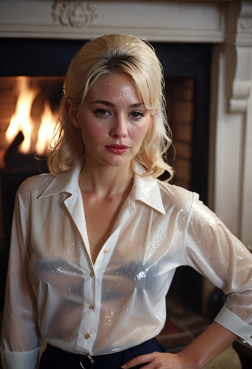 (Sara gadon from the series 22.11.63) as a 60s school teacher in a white blouse, soft focus, vintage, Americana, platinum blonde, 60s film, cinematic, elaborate details, (unbuttoned wet white blouse), caught in the rain, close up, intimate, wet, transparent, sensual, panting by a fireplace