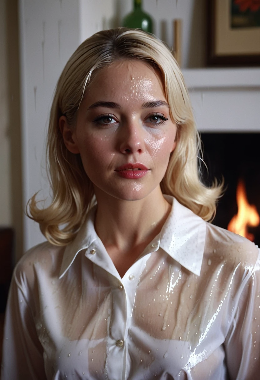 (Sara gadon from the series 22.11.63) as a 60s school teacher in a white blouse, soft focus, vintage, Americana, platinum blonde, 60s film, cinematic, elaborate details, (unbuttoned wet white blouse), caught in the rain, close up, intimate, wet, transparent, sensual, panting by a fireplace