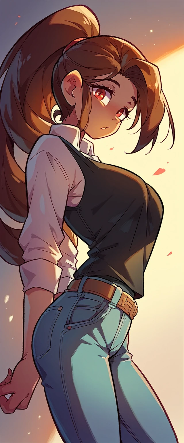  A tall girl, sexy, beautiful, cute, long brown hair, ponytail, red eye, she wears a white shirt under a short sleeveless black vest and blue denim pants, a brown belt, a black heel.