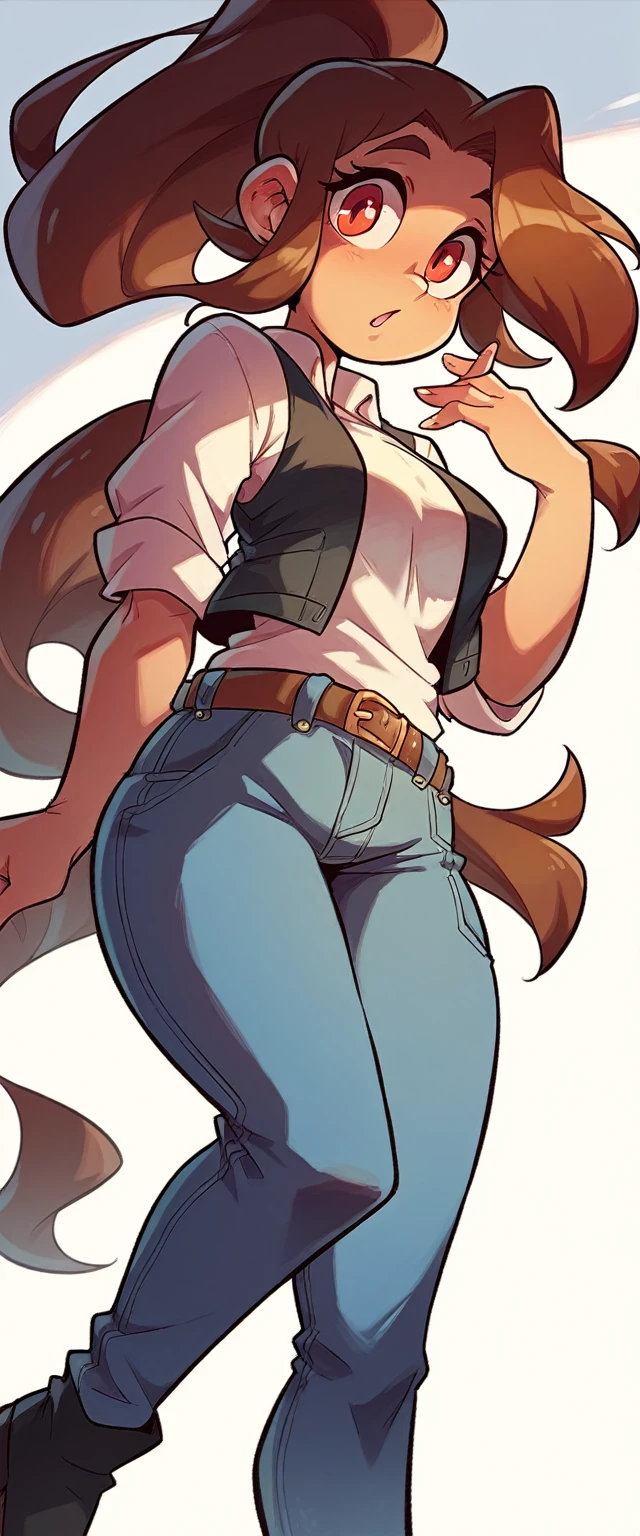 A tall girl, sexy, beautiful, cute, long brown hair, ponytail, red eye, she wears a white shirt under a short sleeveless black vest and blue denim pants, a brown belt, a black heel.