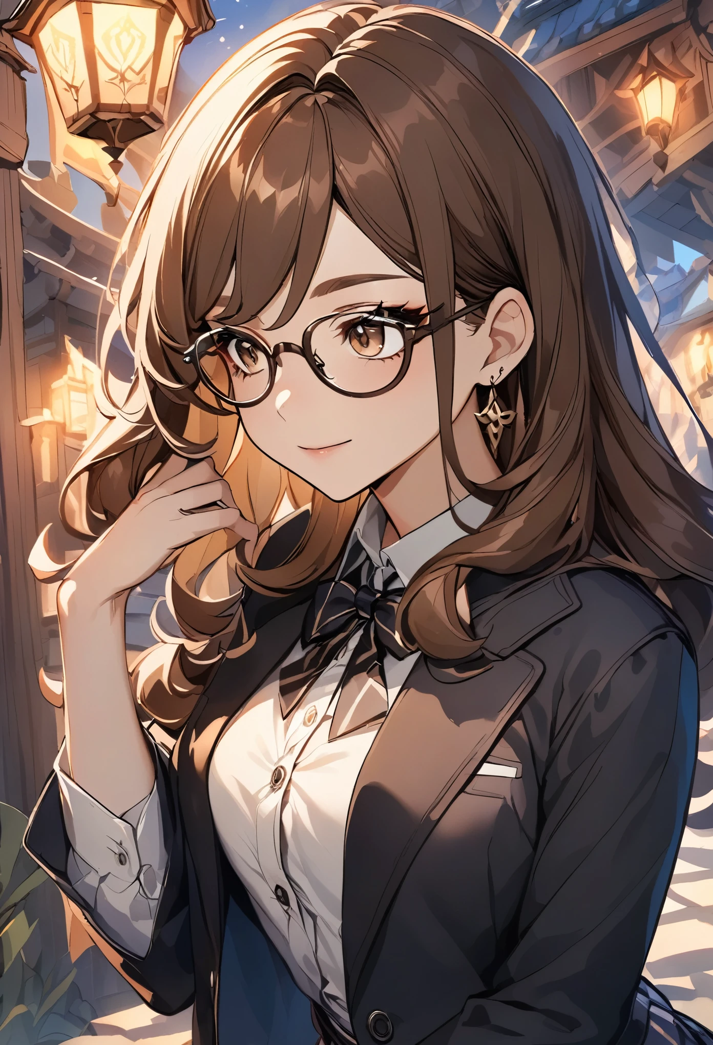 genshin impact style, girl with brown hair and glasses