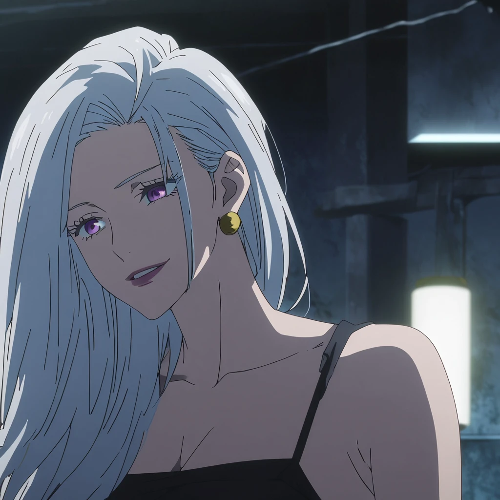 1girl, female gojo satoru, anime screencap from jujutsu kaisen, gojo satoru female version, solo, long_hair, ((purple eyes)) ((White_hair, hair slicked from one side)), night view, (hanging breasts) upper_body, smile, indoors, book, lips, (long hair) ((wearing black one piece, glossy)) breast, "very detailed and high resolution" (purple eyes) ((solo)) (((front view))) (earings) ((high resolution)) ((good quality)) ((silky hair, hair slicled back from one side)) ((shy))