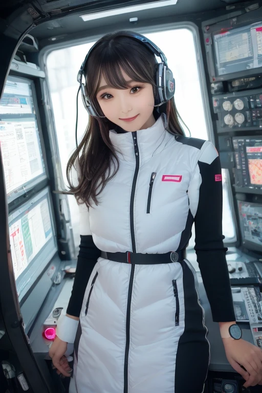 masterpiece, Highest quality, Very detailed, 8K Portrait,Japanese Android Girl,plump , Control panel,Robotic arms and legs, Blunt bangs,,break (Metallic Gray, Metallic luster, Mirror finish, Astro Best):5,headphone:5,break (Black sleeves):100,Smart Watches,Futuristic space station,Control Room,break headphone,blue eyes,(Black Hair):2,(Long Hair):1.3,Viewer Display,(respirator),break blush:3,Hidden Hand,smile