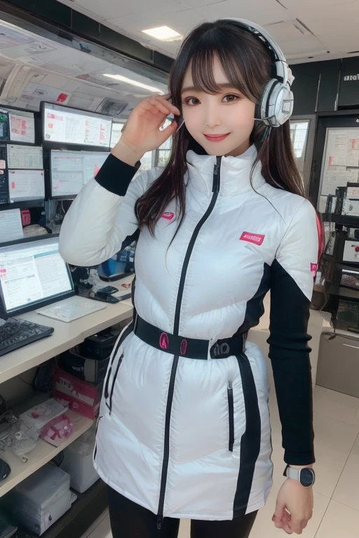 masterpiece, Highest quality, Very detailed, 8K Portrait,Japanese Android Girl,plump , Control panel,Robotic arms and legs, Blunt bangs,,break (Metallic Gray, Metallic luster, Mirror finish, Astro Best):5,headphone:5,break (Black sleeves):100,Smart Watches,Futuristic space station,Control Room,break headphone,blue eyes,(Black Hair):2,(Long Hair):1.3,Viewer Display,(respirator),break blush:3,Hidden Hand,smile