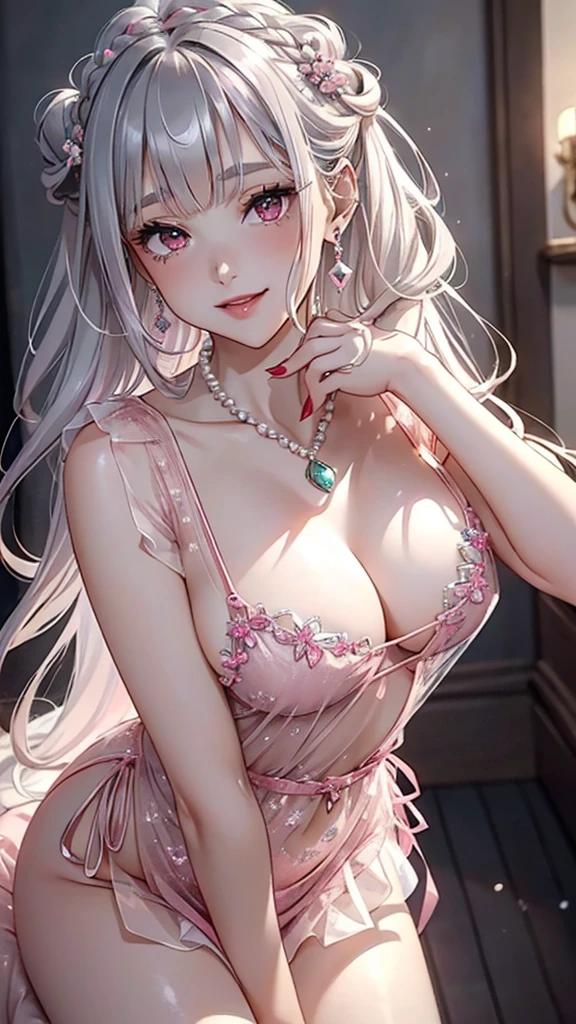 (((masterpiece, super high resolution, ultra HD, 8K quality))), (((woman in pink colored evening dress / See-through revealing dress))), (((silver hair, french updo hair))), (((beautiful sparkling red eyes, pupils with highlights))), ((blunt bangs)), pink lips, sexy expression, ((highly detailed)), (perfectly detailed face), (detailed and carefully drawn hands), (((very large breasts, cute smile))), photorealistic image, silver earrings, pearl necklace, jade bangle, diamond ring, Beautiful figure from the knees up
