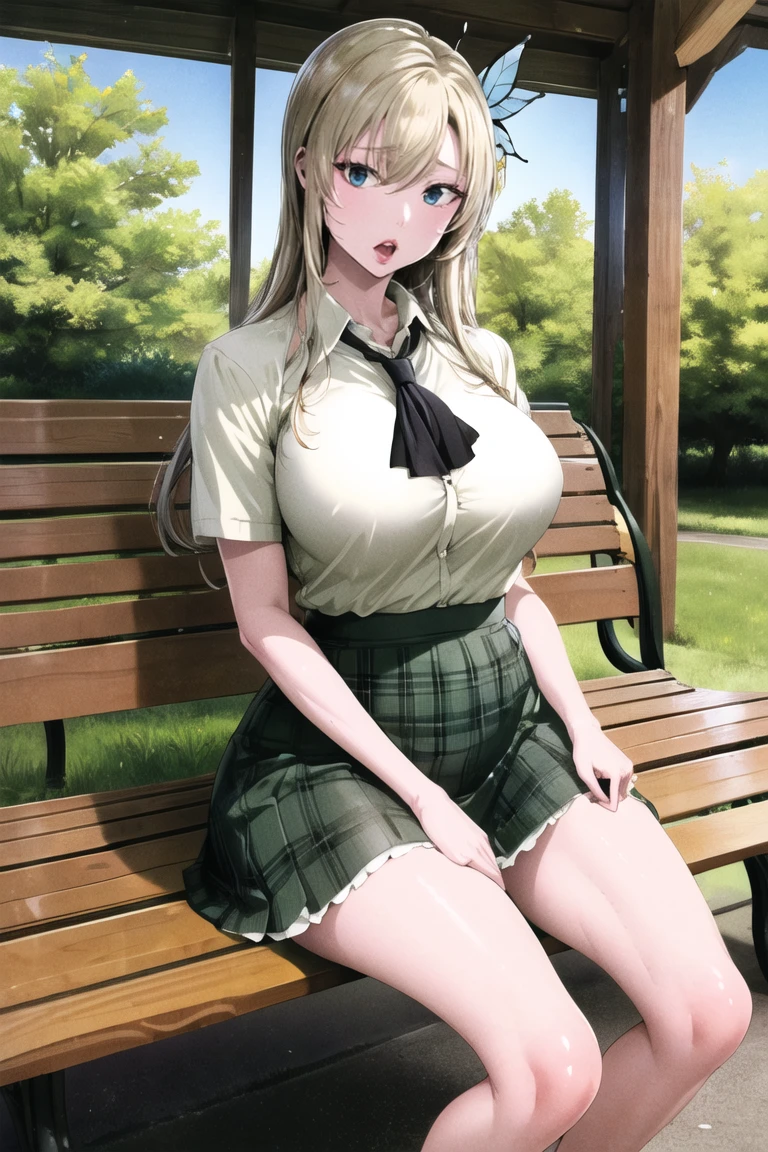 masterpiece, best quality, highres, aasena, long hair, hair ornament, large breasts, black neckerchief, shirt, short sleeves, plaid skirt, green skirt, standing, cowboy shot, outdoors, bench, sitting, :o