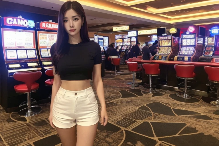 (realistic light, best quality, 8k, Masterpiece: 1.3)), Point of interest: 1.2, 1 girl, perfect beauty: 1.4, Slim stomach: 1.1, ((dark brown hair)), (Black cropped shirt: 1.4), (outdoor, nighttime: 1.1), china town road, Very smooth face, good eyes, Double eyelids, white shorts, big breasts,(random background,In casinos,VIP casino room, Modern Casino Console, Modern Slot Machines )