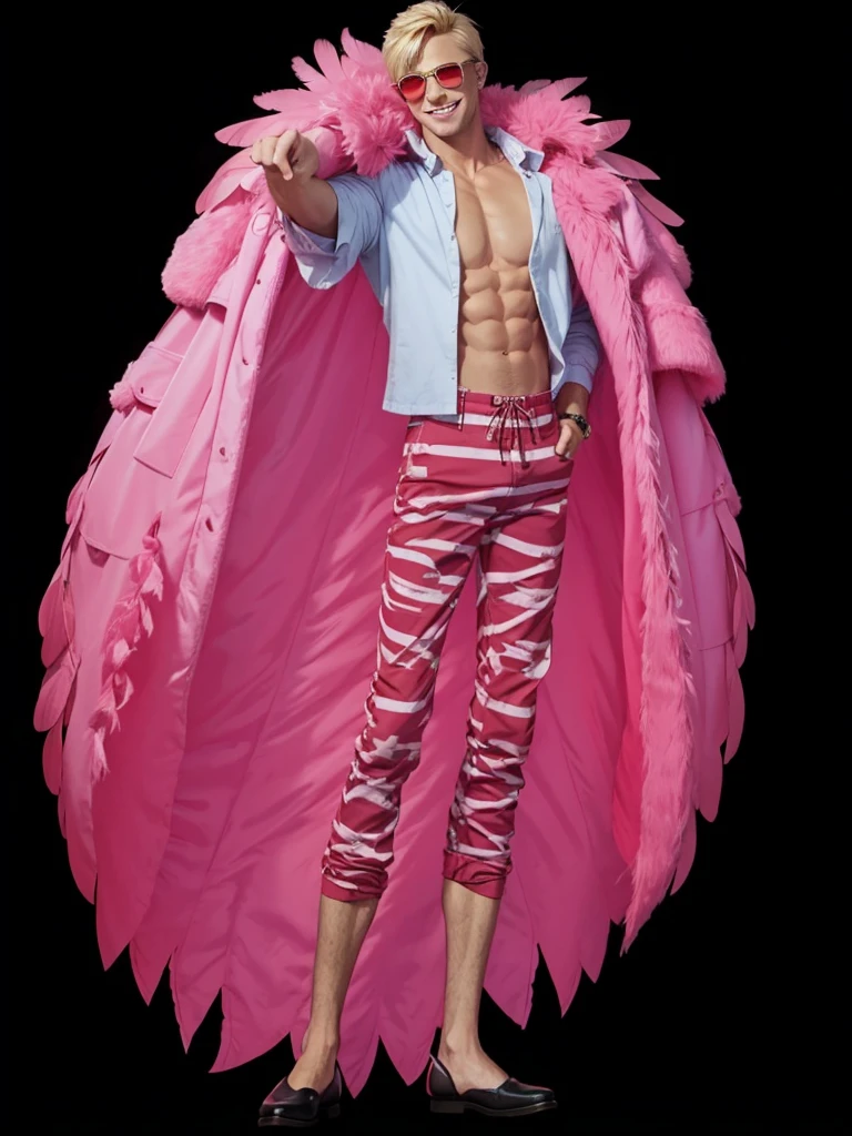 A man with short blond hair, strong defined body, with pink feather coat, COM CAMISA BRANCA, with red striped pants, with pink glasses, is smiling