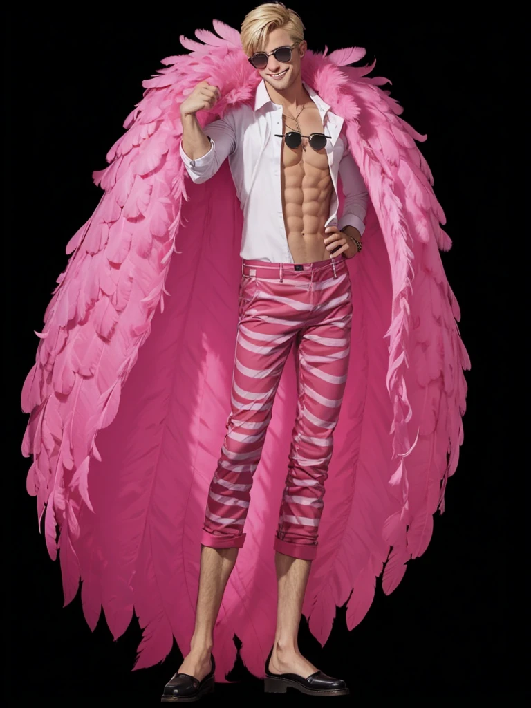 A man with short blond hair, strong defined body, with pink feather coat, COM CAMISA BRANCA, with red striped pants, with pink glasses, is smiling
