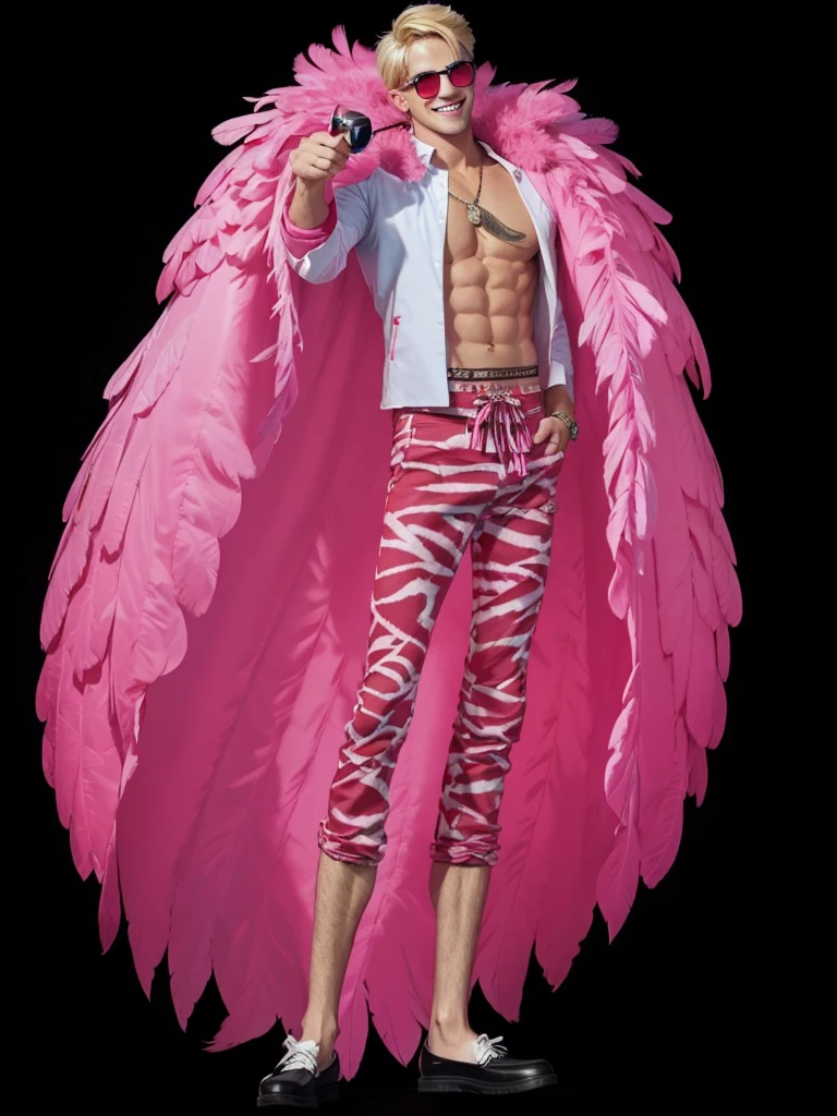 A man with short blond hair, strong defined body, with pink feather coat, COM CAMISA BRANCA, with red striped pants, with pink glasses, is smiling