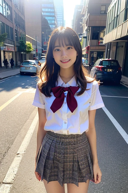 (A beautiful 23 year old Japanese high school girl with a bright personality is smiling and looking down at the camera in a front shot. She has detailed, realistic, and photorealistic features, including a super cute face with beautiful eyes, nose, lips, dimples. The girl is wearing a JK uniform with a mini skirt and eco-friendly fashion. She has a healthy body proportion, ample round bosom & smooth legs. She is standing on a city street with natural sunlight and a bright backlight shining from behind, creating a lens flare. The image has a surreal, high-quality, and masterpiece-level look with vivid colors, extreme detail, and a professional-level edit.)