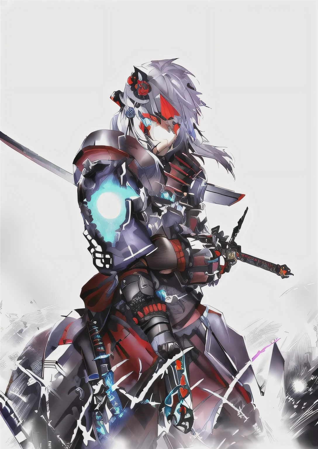 Anime character wearing sword and armor, very beautiful cyberpunk warrior,fractal ninja background, portrait of a cyberpunk warrior, Anime epic artwork, Portrait of a Ninja Killer, Neon Samurai, Ronin,Silver-haired girl,Draw the sword and prepare