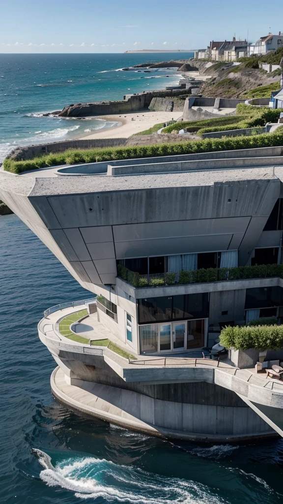 Imagine une photo de la mer avec des maisons moderne en premier plan de la maniere la plus realiste possible 
 