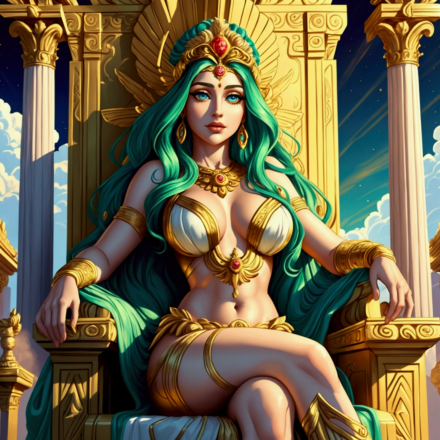 Create a high-quality image of the goddess Hera sitting on her throne on Olympus. Iva must be dressed in a fluid white tunic with golden details, and a golden tiara adorning her wavy hair. She holds a scetre in one hand, and her expression is of majesty and authority. The throne must be gilded and adorned with intricate details that reflect its royalty. Next to him, a majestic peacock rests, his feathers shining with vibrant colors. The scenario should include surrounding ethereal clouds and imposing columns that complete the divine environment. The light must be soft, highlighting the divinity of Hera and the grandeur of Olympus.