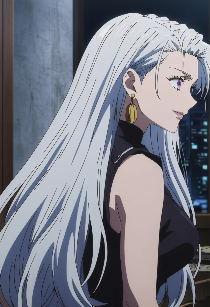 1girl, female gojo satoru, anime screencap from jujutsu kaisen, gojo satoru female version, solo, long_hair, ((purple eyes)) ((White_hair, hair slicked from one side)), night view, (hanging breasts) upper_body, smile, indoors, book, lips, (long hair) ((wearing black one piece, glossy)) breast, "very detailed and high resolution" (purple eyes) ((solo)) (((front view))) (earings) ((high resolution)) ((good quality)) ((silky hair, hair slicled back from one side)) ((shy))