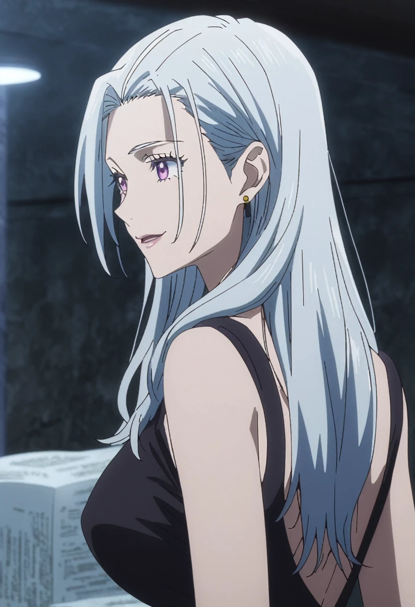1girl, female gojo satoru, anime screencap from jujutsu kaisen, gojo satoru female version, solo, long_hair, ((purple eyes)) ((White_hair, hair slicked from one side)), night view, (hanging breasts) upper_body, smile, indoors, book, lips, (long hair) ((wearing black one piece, glossy)) breast, "very detailed and high resolution" (purple eyes) ((solo)) (((front view))) (earings) ((high resolution)) ((good quality)) ((silky hair, hair slicled back from one side)) ((shy))