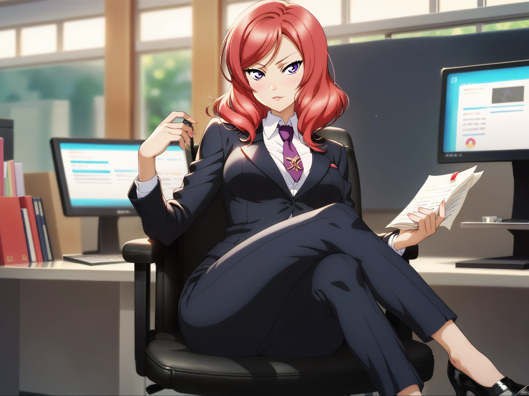 masterpiece, best quality,solo, nishikino maki,red hair, purple eyes, black formal suit, pants, sitting , crossed legs ,neck tie, Sexual seduction, sexualised ,in office , front view , busty breasts 