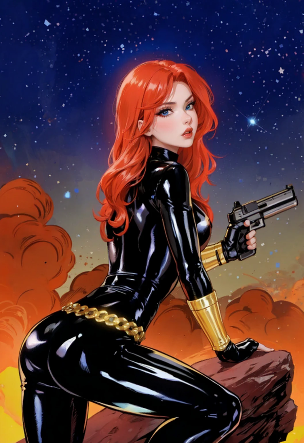 Black Widow, is known from the Marvel series. She's depicted with red hair and blue eyes, dressed in a sleek skin-tight shiny black latex bodysuit with a belt made of golden circles. She's holding a gun in her left hand, and she's in a crouching pose on a rock. The background features a bold red sky with white stars. The character appears ready for action.