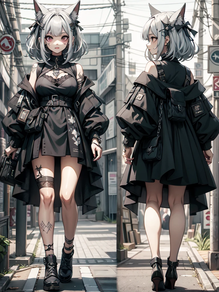 Chara-sheet, Three-view of roles, character design, frontage, Lateral face, on back, Set, masterpiece, 8k, best quality, extremely detailed, Fortune teller, ultra-detailed face, detailed eyes, hires, piercings, Ring, tattoo, Gothic, beautiful attractive girl, jewellery, clothes with attention to detail, Perfectly proportioned, Big breasts, detailed hair, long hair, chain
