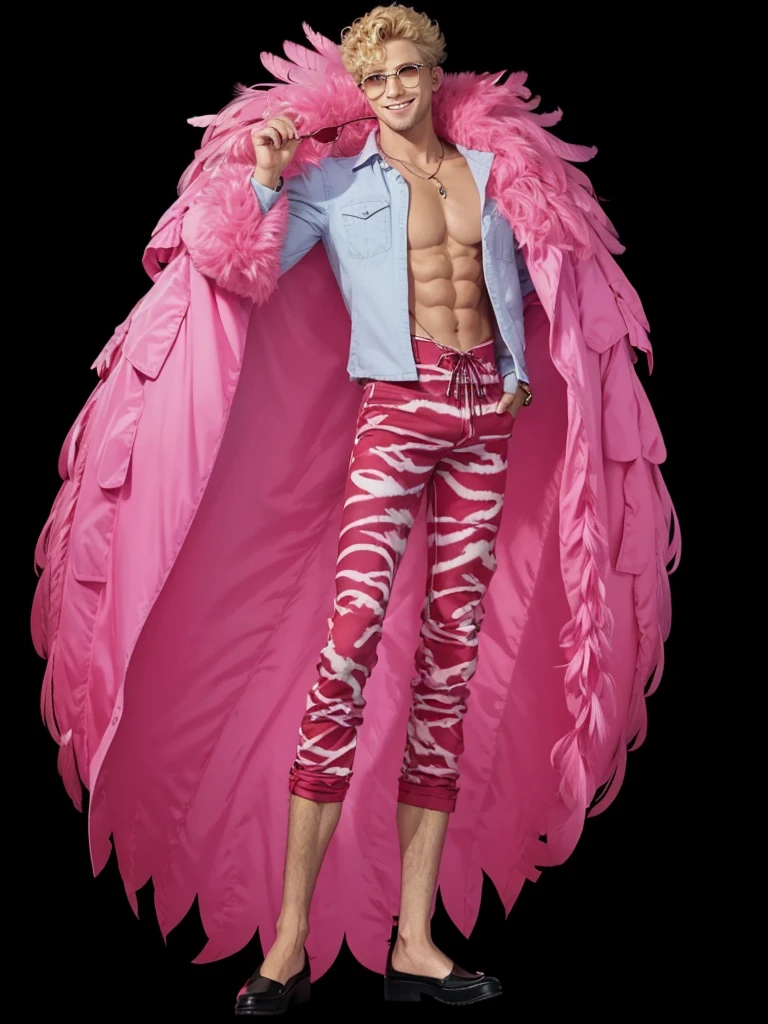 A man with short curly blonde hair, strong defined body, with pink feather coat, COM CAMISA BRANCA, with red striped pants, with pink glasses, is smiling