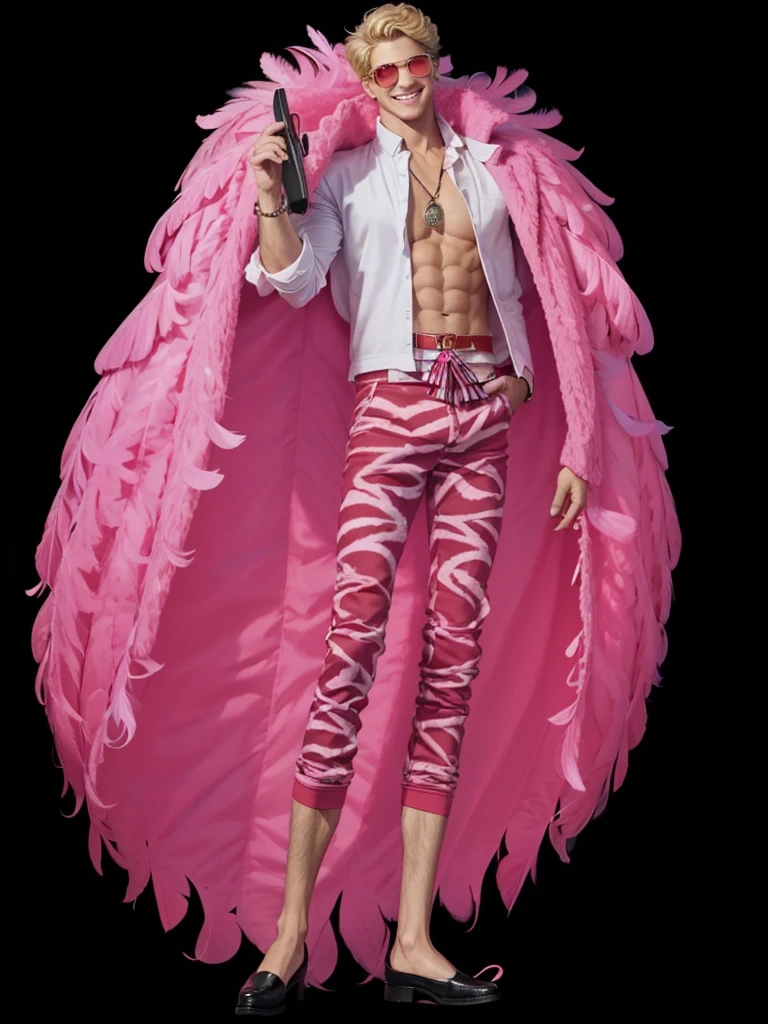 A man with short curly blonde hair, strong defined body, with pink feather coat, COM CAMISA BRANCA, with red striped pants, with pink glasses, is smiling