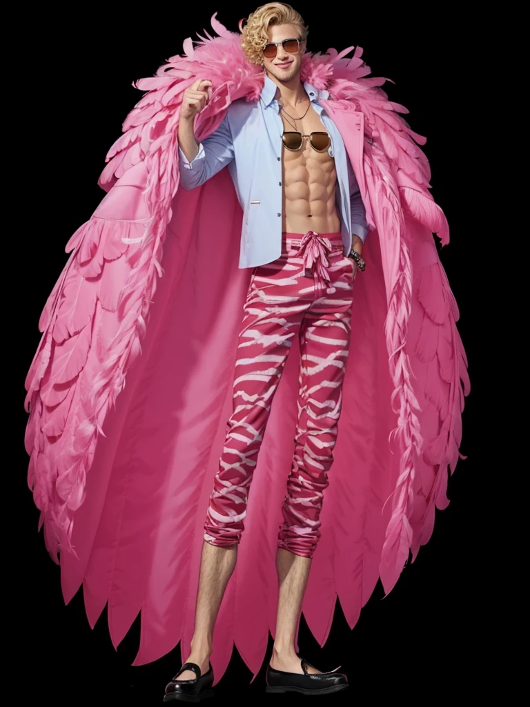 A man with short curly blonde hair, strong defined body, with pink feather coat, COM CAMISA BRANCA, with red striped pants, with pink glasses, is smiling
