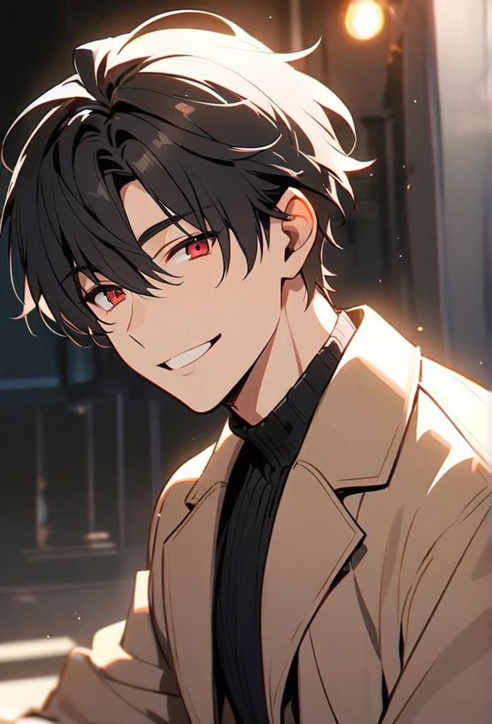 Handsome, solo, 1 male, short hair, black hair, red eyes, white shirt, light brown coat,smile facial
