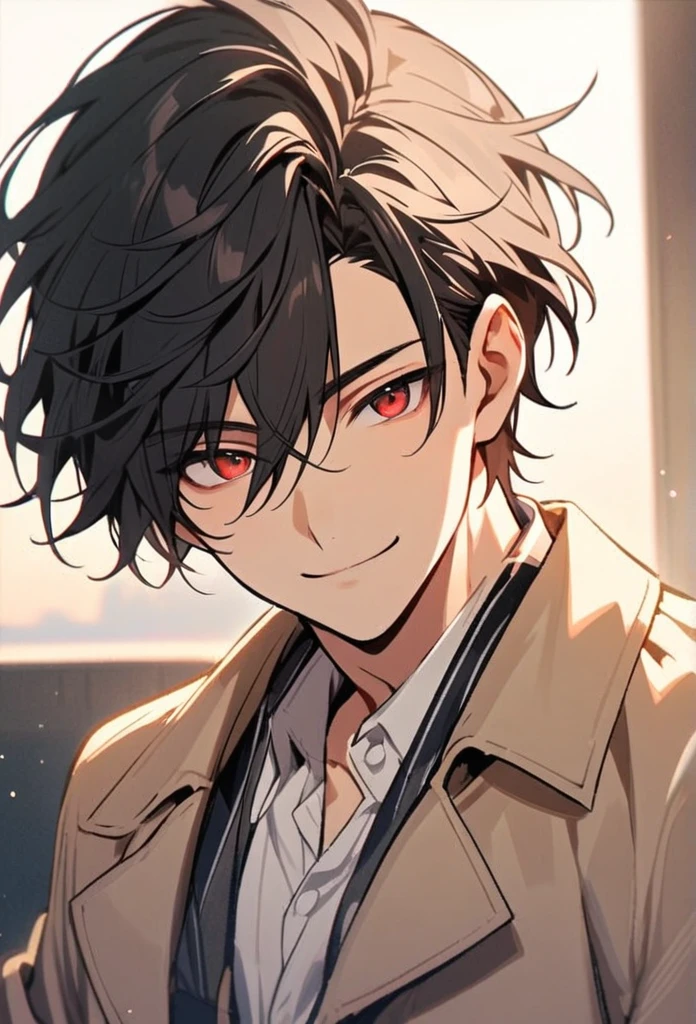 Handsome, solo, 1 male, short hair, black hair, red eyes, white shirt, light brown coat,smile facial
